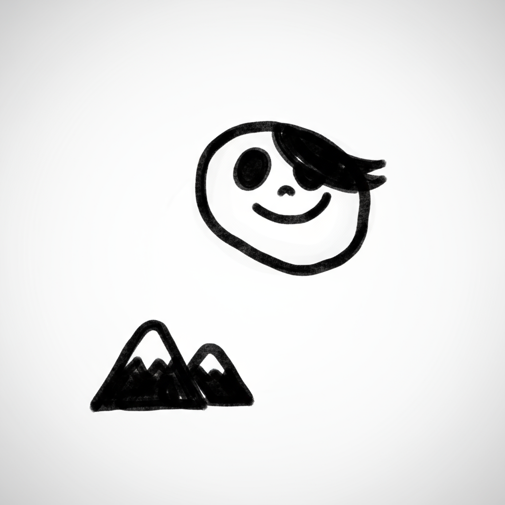 AI image generated of A simple, childlike drawing of a smiling face with big eyes and a small nose, tilted to the side, with two mountain‑like shapes below.